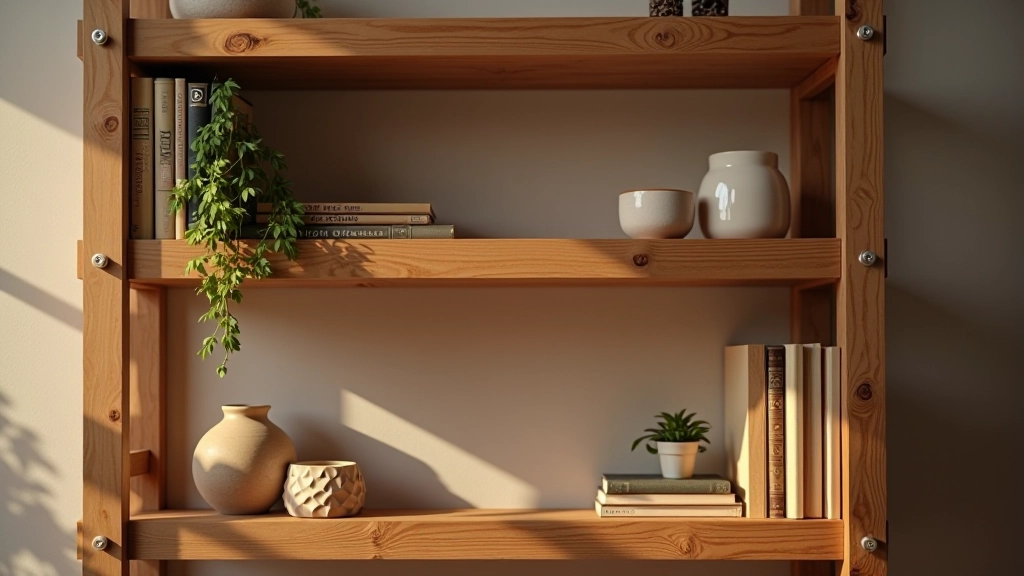 Finished reclaimed wood shelf displaying books and decorative objects, showing natural patina and protective finish