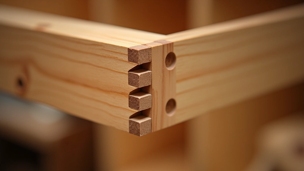Box joints showing interlocking rectangular fingers on drawer corner with natural wood grain visible