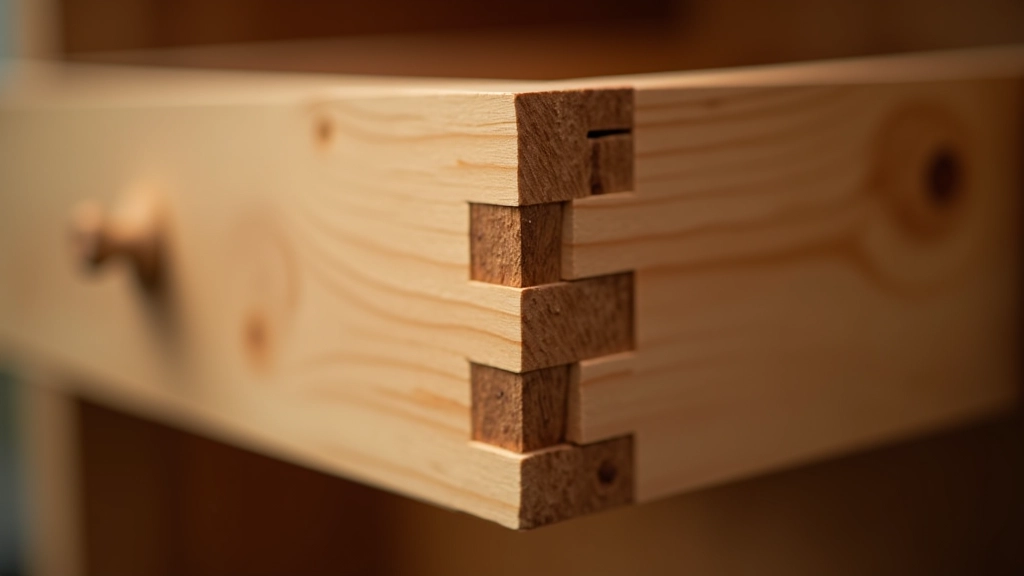 Detailed close-up of interlocking dovetail joints showing precision-cut tails and pins on wooden drawer sides