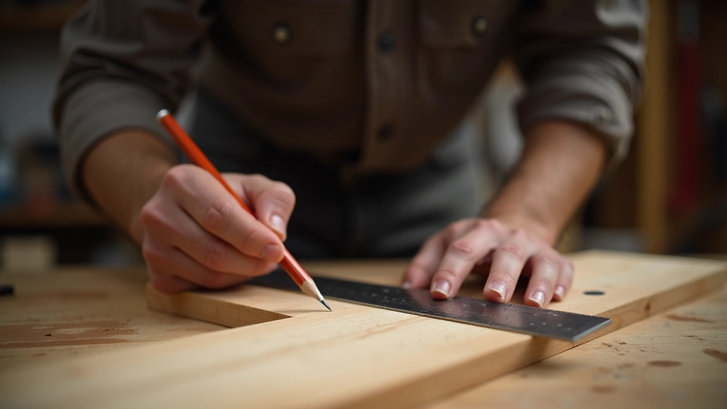 Woodworker carefully measuring and marking wood piece with pencil and ruler