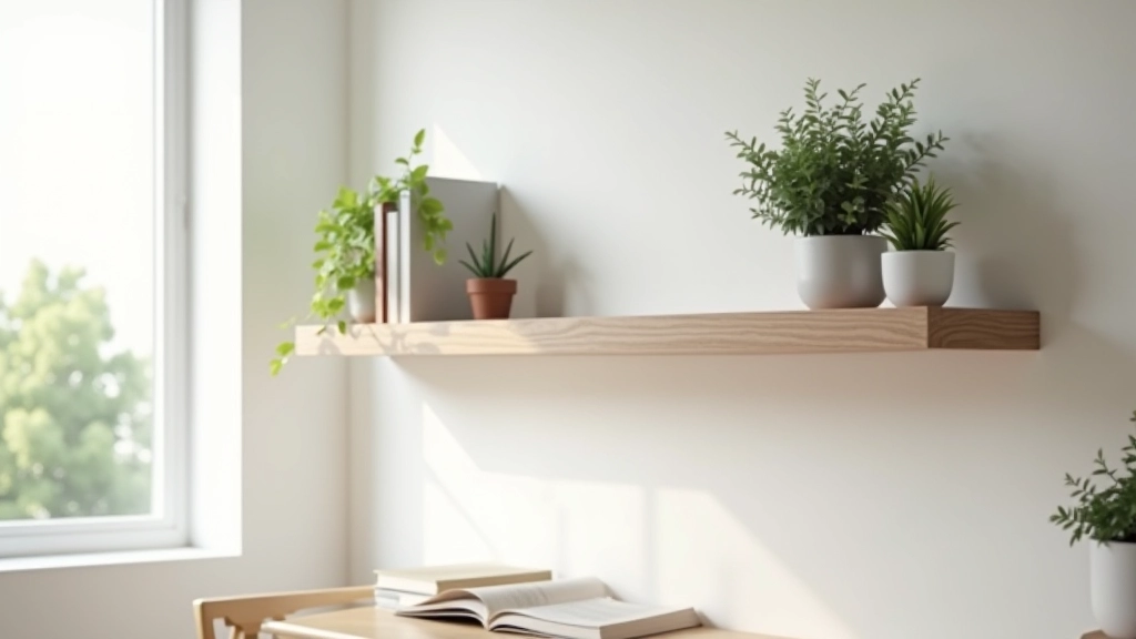 Floating shelf mounted on white wall with books and decorative items displayed