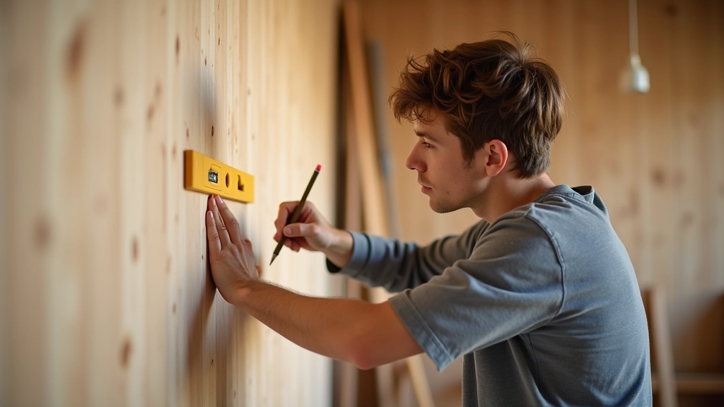 Person using level and drill to mark wall studs for floating shelf installation