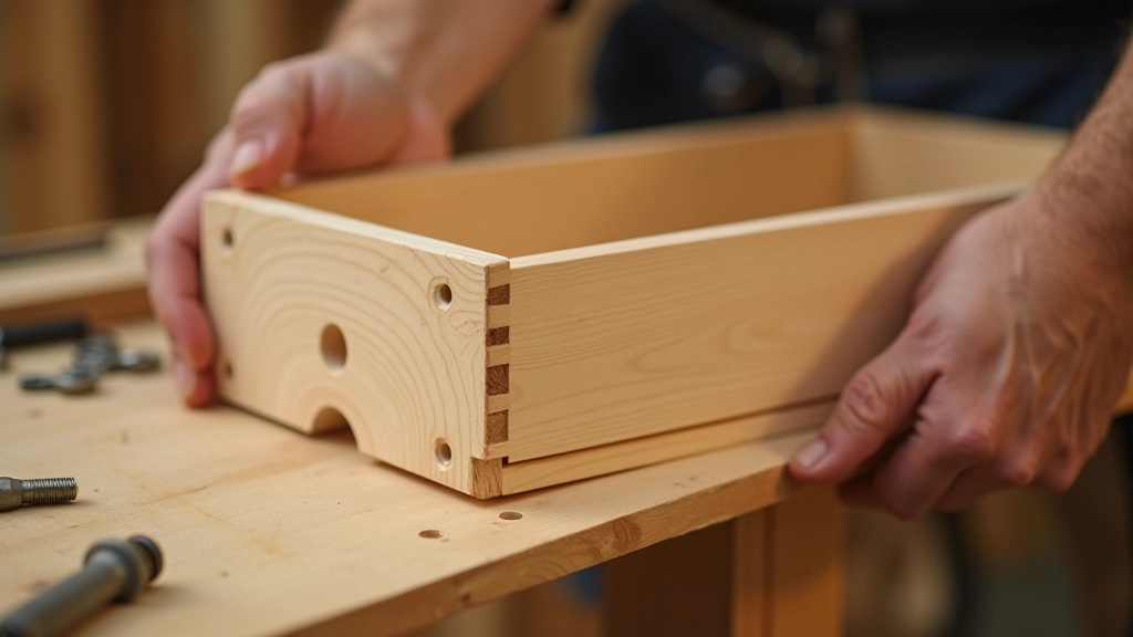 Pocket hole joinery showing wooden drawer assembled with pocket holes drilled at angles, visible fasteners