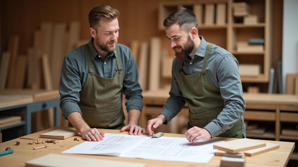 Two woodworkers discussing design sketches and wood samples at workshop table