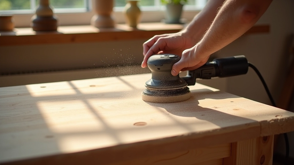 Wooden dining table being sanded with orbital sander and wood dust visible