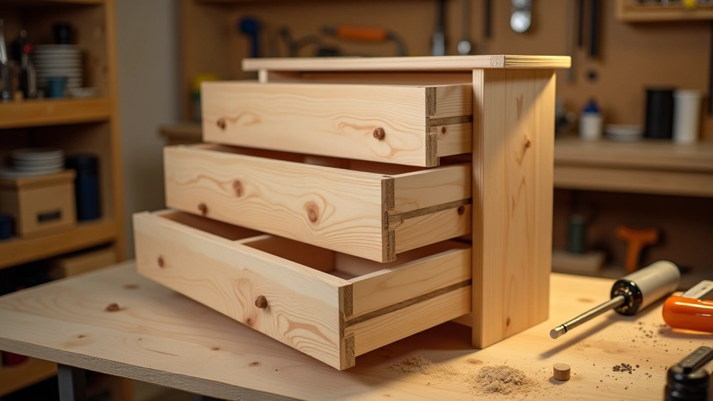 Wooden dresser with drawers in various stages of assembly on a workshop table