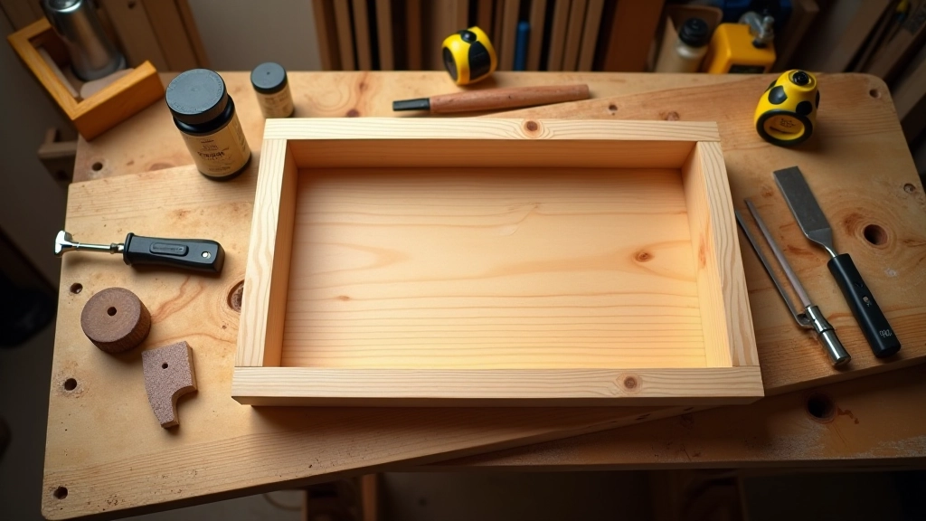 Wooden shelf with hand tools, wood stain, and sandpaper on a workshop table