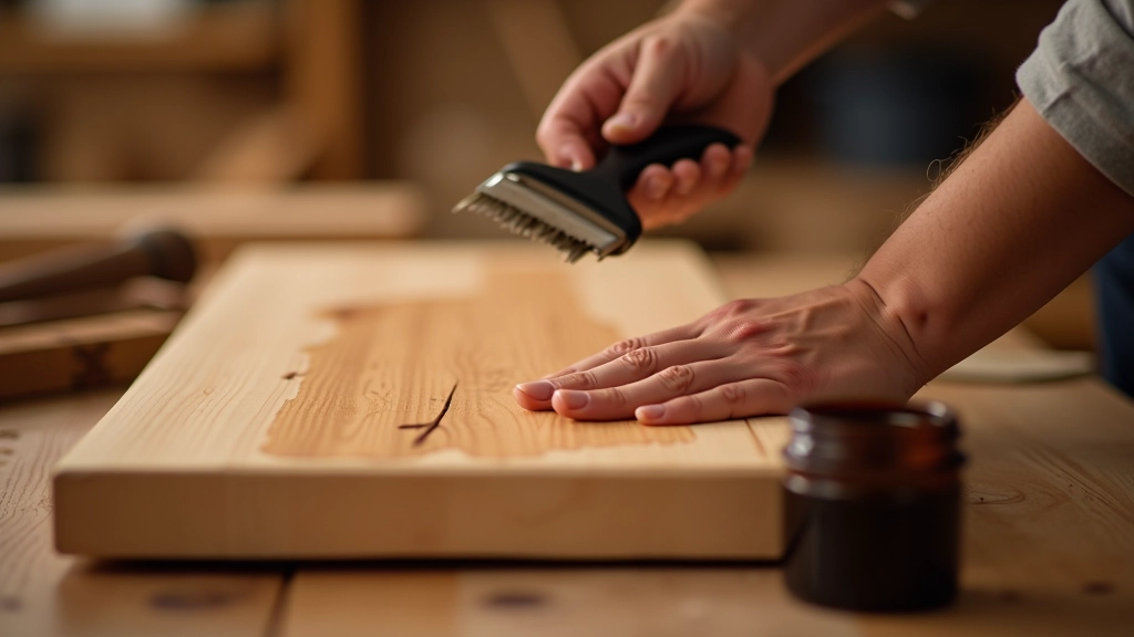 Wooden shelf being stained with brush, showing rich wood grain and color