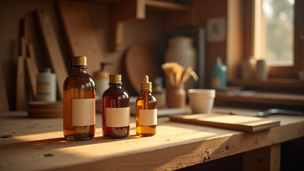 Multiple containers of wood oils and finishing products displayed showing different viscosity levels and color variations