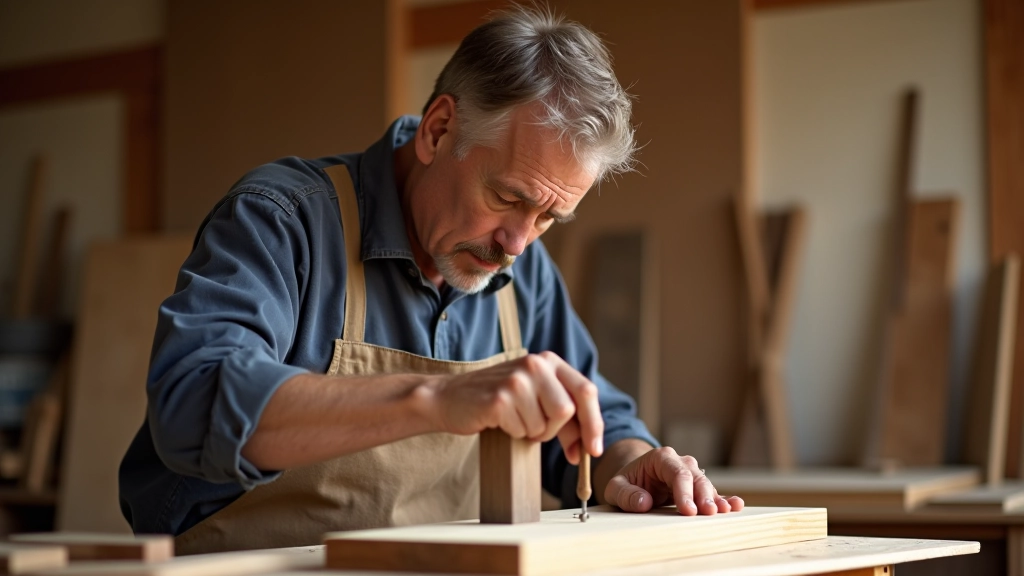 Woodworker using pry bar to carefully extract a nail from reclaimed wood board, showing proper technique