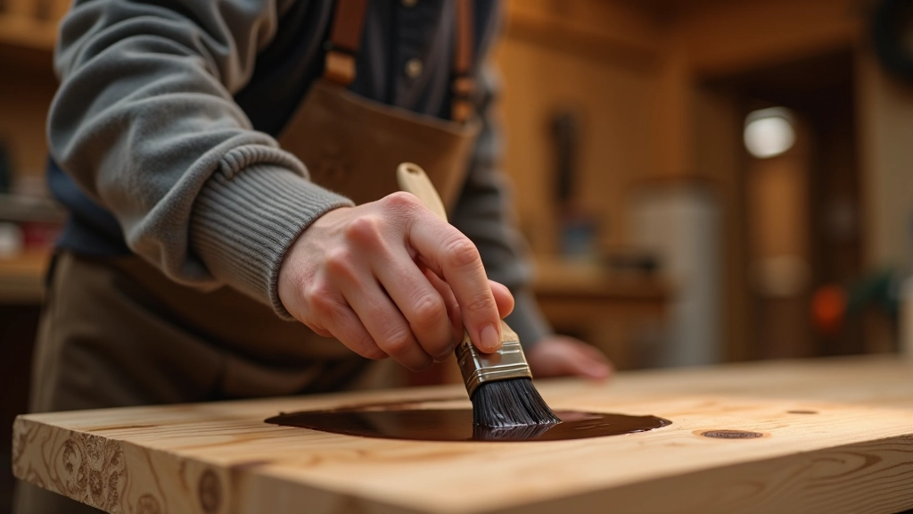 Close-up of wood stain being applied with brush to oak furniture showing proper technique and color absorption