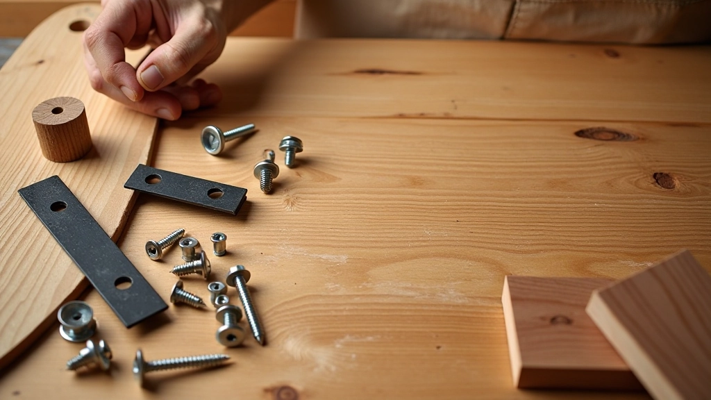 Close-up of wooden shelf materials, brackets, bolts, and wall anchors laid out on wooden table