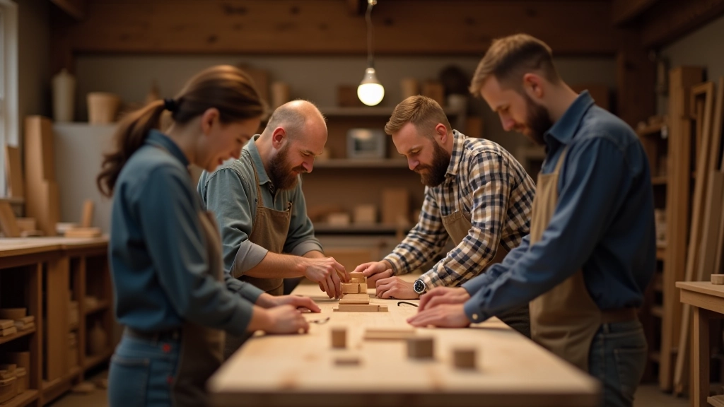 Community of woodworkers collaborating and sharing techniques in a workshop setting