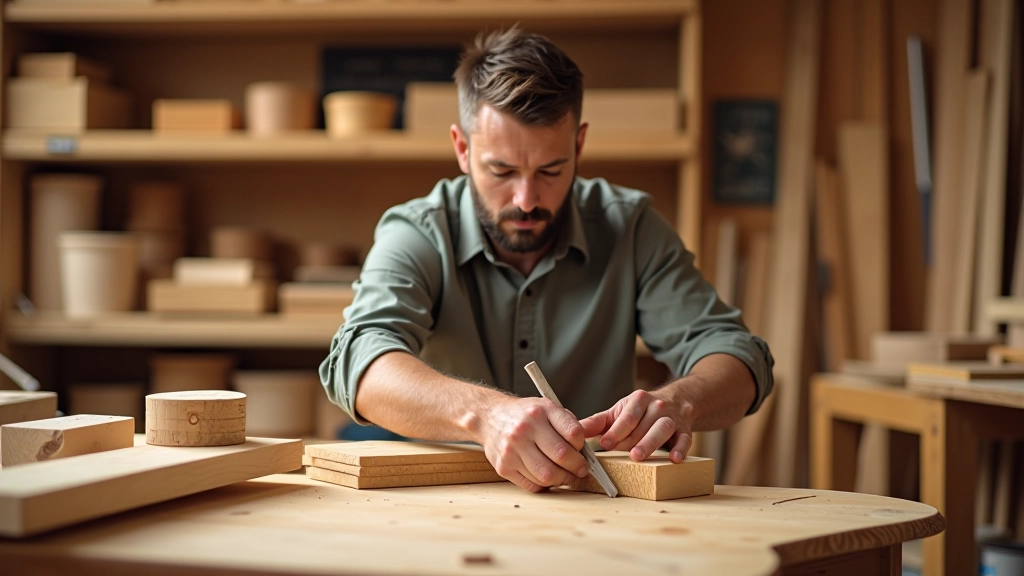 Professional woodworking workshop with custom furniture and shelving displays